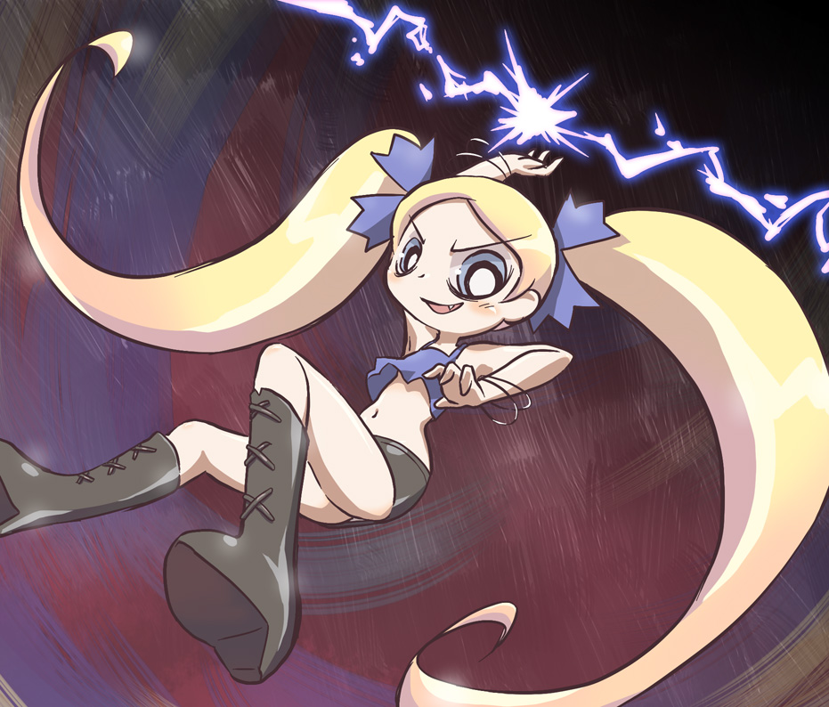 1girl, black_boots, black_skirt, blonde_hair, blue_eyes, blue_ribbon, blue_shirt, blush