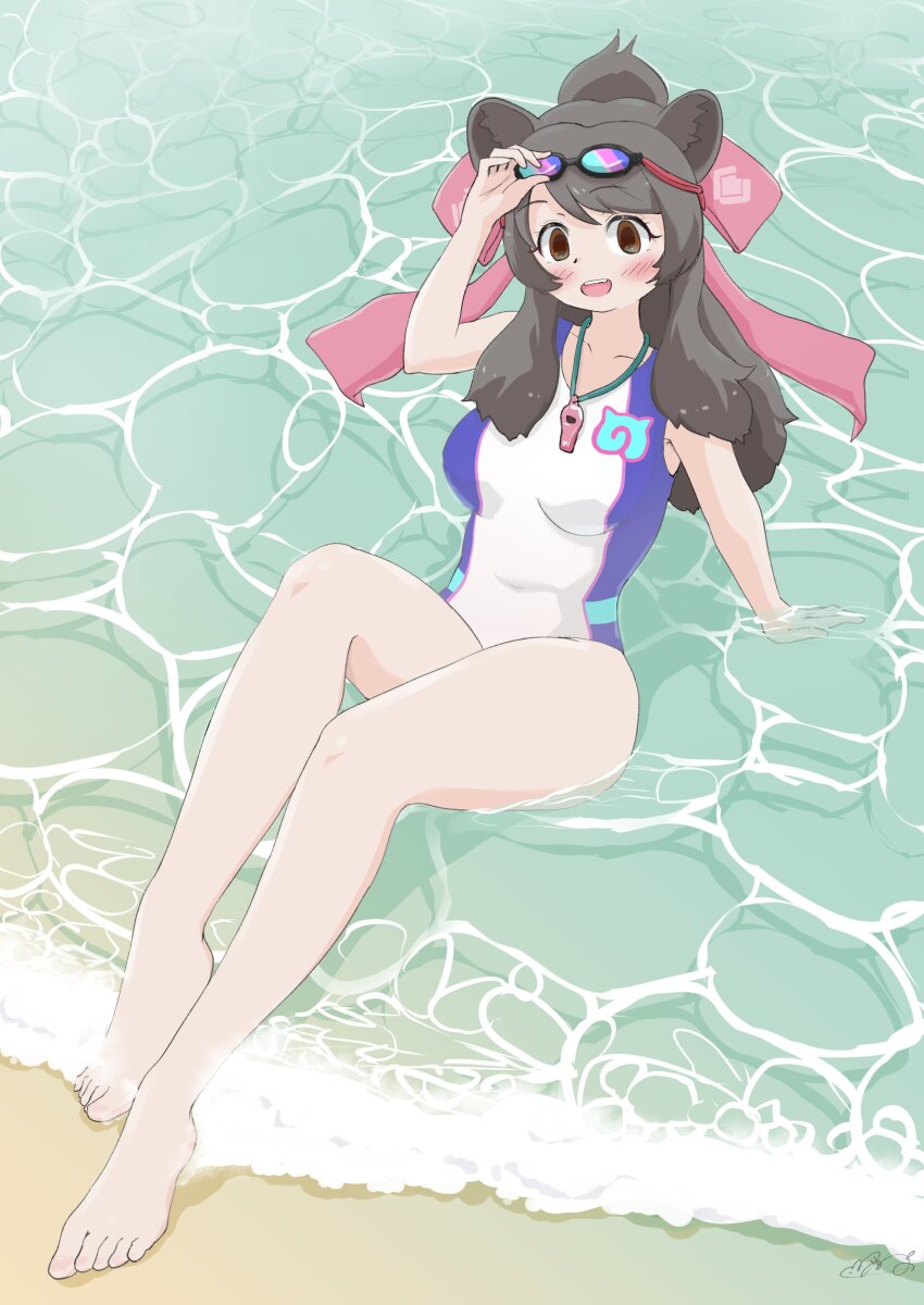 1girl, absurdres, bare_legs, bare_shoulders, barefoot, beach, bergman's_bear_(kemono_friends), blue_one-piece_swimsuit