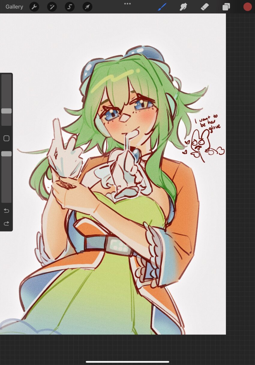 1girl, art_program_in_frame, blue_eyes, blush, breasts, brooch, commentary, dress