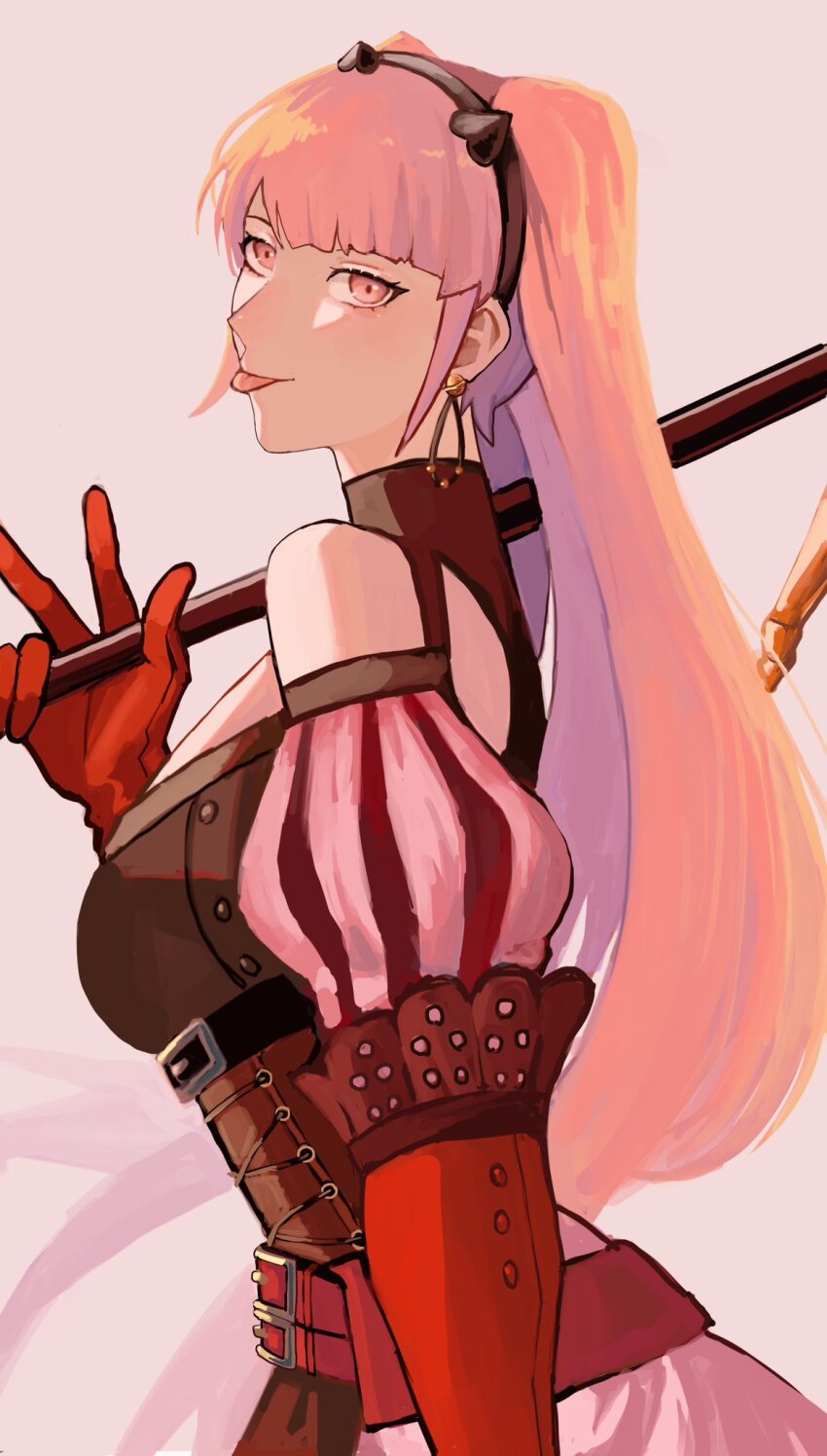 1girl, :p, axe, blush, breasts, closed_mouth, dress, earrings