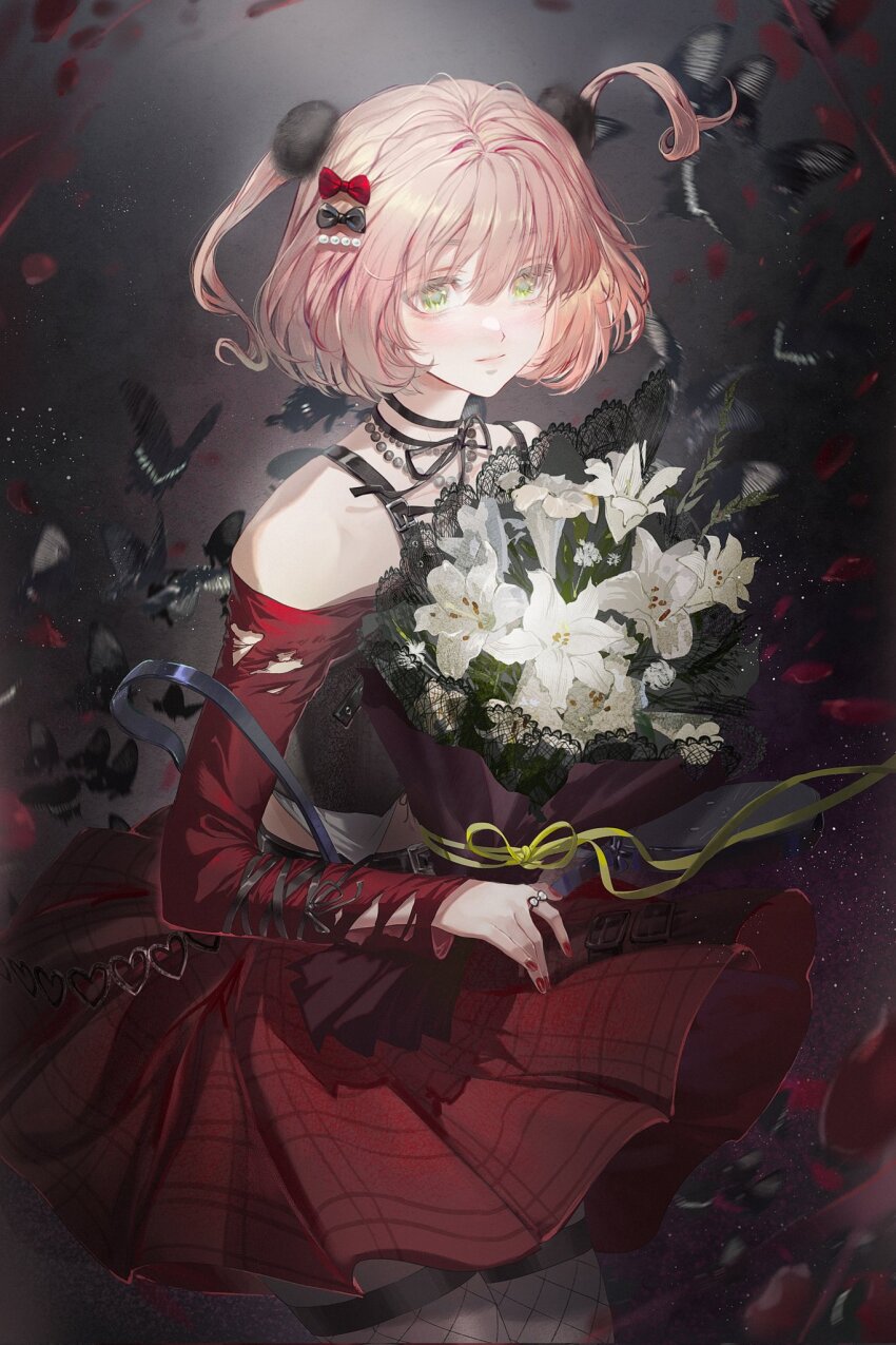 1girl, anri_(synthesizer_v), black_bow, black_thighhighs, blonde_hair, blurry, blurry_background, blush