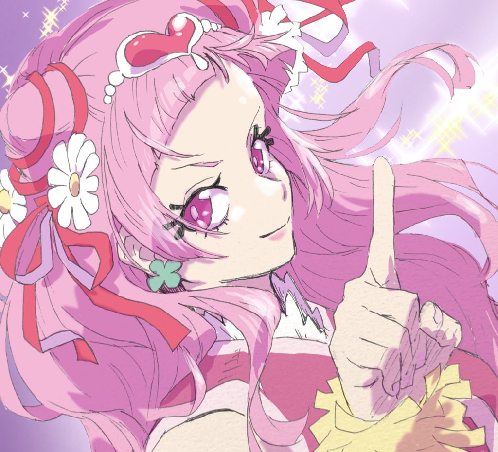 1girl, chou_haijin_chiyo, clover_earrings, cure_yell, flower, hair_flower, hair_ornament, hair_ribbon