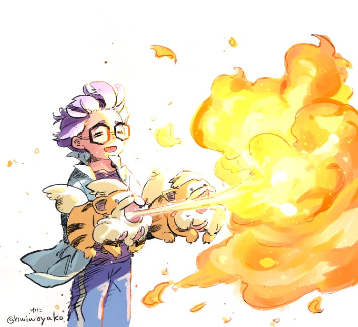 1boy, ^_^, black-framed_eyewear, blue_pants, closed_eyes, coat, crew_neck, cropped_legs