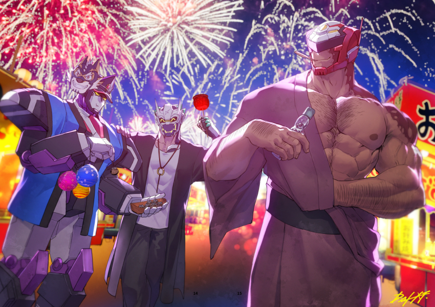 3boys, bara, black_pants, candy_apple, chest_hair, copyright_request, dai-xt, danzo_(live_a_hero), digram_(live_a_hero), festival, fireworks, food, helmet, japanese_clothes, kimono, live_a_hero, male_focus, multiple_boys, pants, ramune, robot, ryekie_(live_a_hero), scar, scar_on_face, shirt, smile, takoyaki, victom_(live_a_hero), water_balloon, white_shirt, yukata