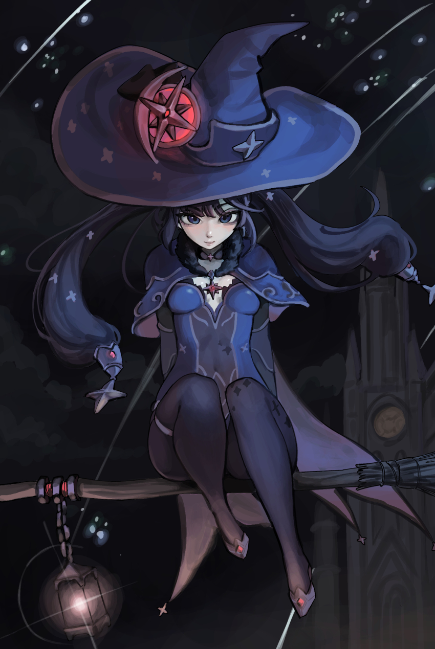 1girl, black_choker, black_hair, black_sky, blue_leotard, bodysuit, breasts, brooch