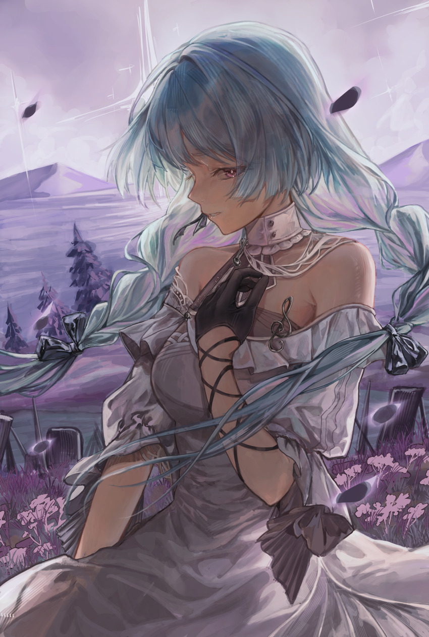 1girl, absurdres, armpit_crease, bare_shoulders, black_bow, black_gloves, bow, braid