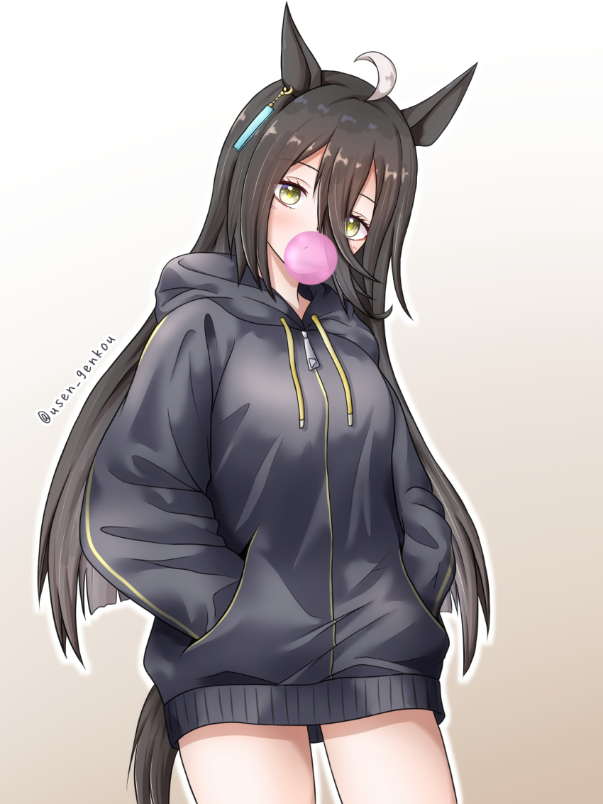 1girl, ahoge, animal_ears, black_hair, black_jacket, blowing_bubble_gum, chewing_gum, earrings