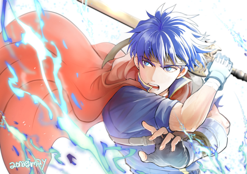 1boy, aonagimay, blue_eyes, blue_hair, cape, commentary_request, fire_emblem, fire_emblem:_path_of_radiance, headband, highres, holding, holding_sword, holding_weapon, ike_(fire_emblem), male_focus, nintendo, red_cape, short_hair, solo, sword, upper_body, weapon