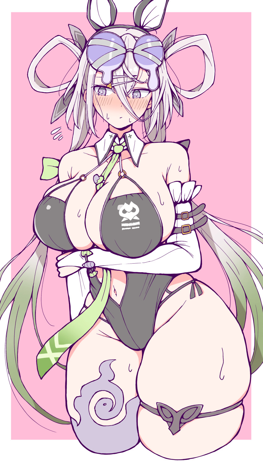 1girl, absurdres, animal_ears, azuki_(ne_4zk), bare_shoulders, black_one-piece_swimsuit, blush, breasts