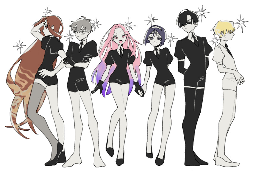 3boys, 3girls, alien_stage, black_eyes, black_gloves, black_hair, black_necktie, black_shirt, black_shoes, black_thighhighs, blonde_hair, blue_hair, brown_eyes, collared_shirt, commentary_request, full_body, gem_uniform_(houseki_no_kuni), gloves, grey_background, grey_hair, highres, holding_hands, houseki_no_kuni, hyuna_(alien_stage), itokin0, ivan_(alien_stage), luka_(alien_stage), mizi_(alien_stage), multicolored_hair, multiple_boys, multiple_girls, necktie, pink_eyes, pink_hair, puffy_short_sleeves, puffy_sleeves, purple_hair, red_eyes, red_hair, shirt, shoes, short_sleeves, shorts, simple_background, sua_(alien_stage), thighhighs, till_(alien_stage), white_gloves, white_shirt, white_shoes, white_shorts, yellow_eyes