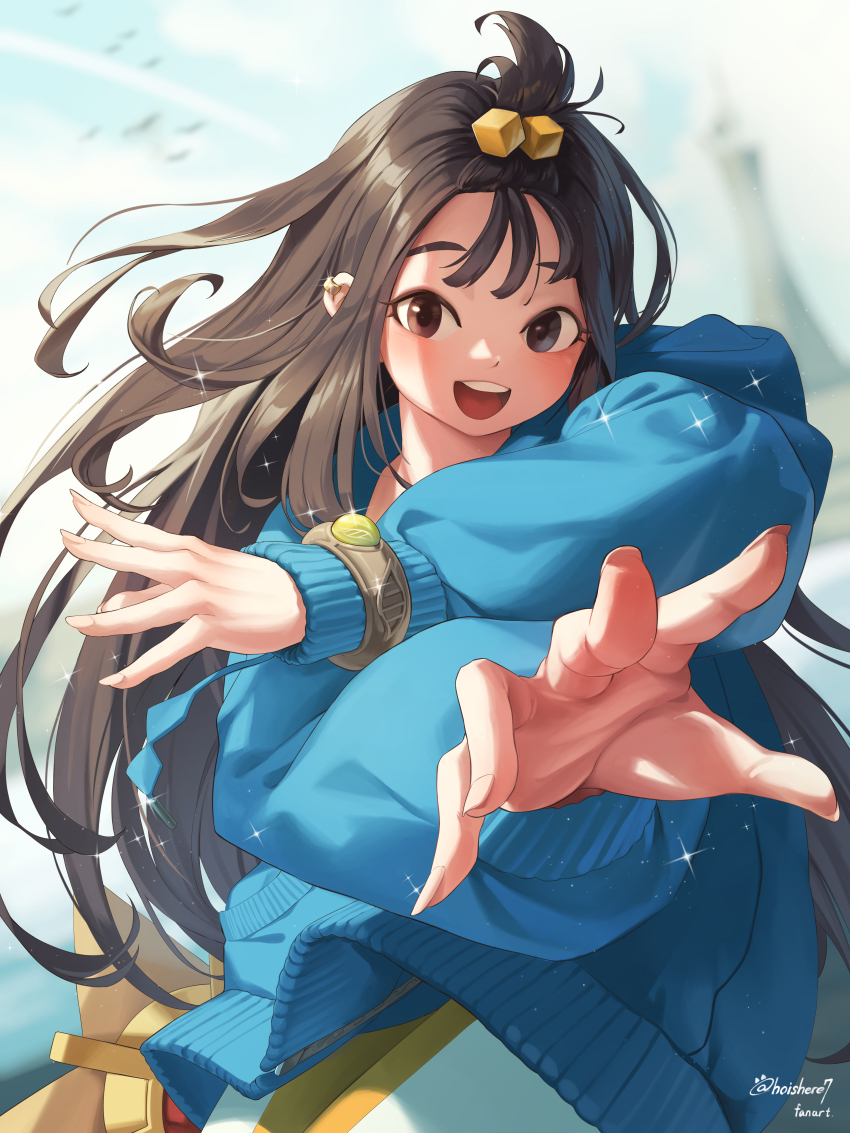 1girl, :d, absurdres, black_hair, blue_hoodie, bracelet, cube_hair_ornament, gen_1_pokemon