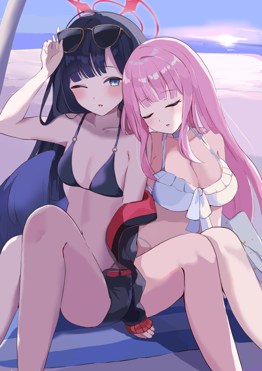 2girls, absurdres, bare_arms, bare_legs, bare_shoulders, beach, bikini, black_hair