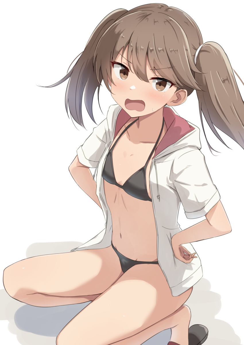 1girl, absurdres, bikini, black_bikini, breasts, brown_eyes, brown_hair, flat_chest, highres, hood, hooded_jacket, jacket, kantai_collection, open_clothes, ryuujou_(kancolle), sandals, simple_background, small_breasts, solo, sukimizaki, swimsuit, twintails, white_background, white_jacket