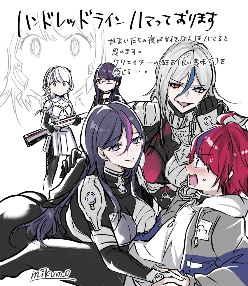 1boy, 4girls, absurdres, ass, assertive_female, black_choker, blue_eyes, blue_hair