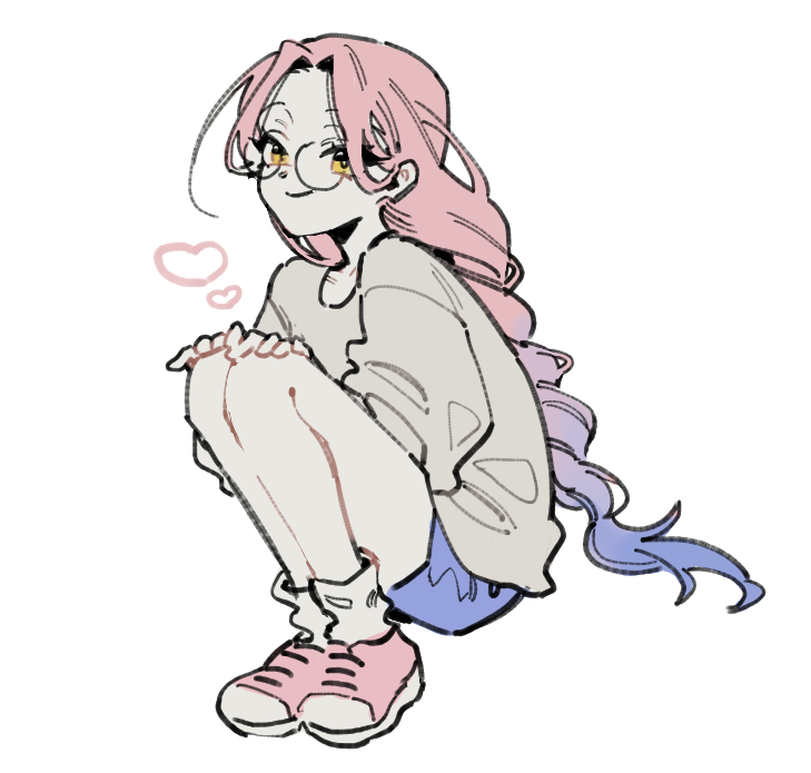 1girl, alien_stage, blue_hair, blue_shorts, braid, full_body, glasses, gradient_hair