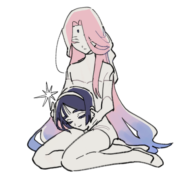 2girls, alien_stage, black_hair, blue_hair, closed_eyes, closed_mouth, dress, elbow_gloves