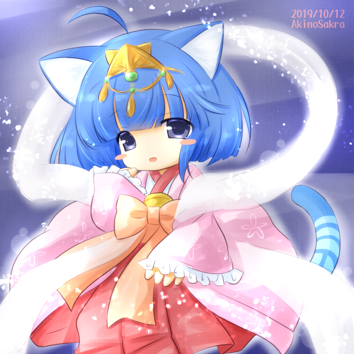 1girl, ahoge, akino_sakura, animal_ears, artist_name, blue_eyes, blue_hair, blush_stickers