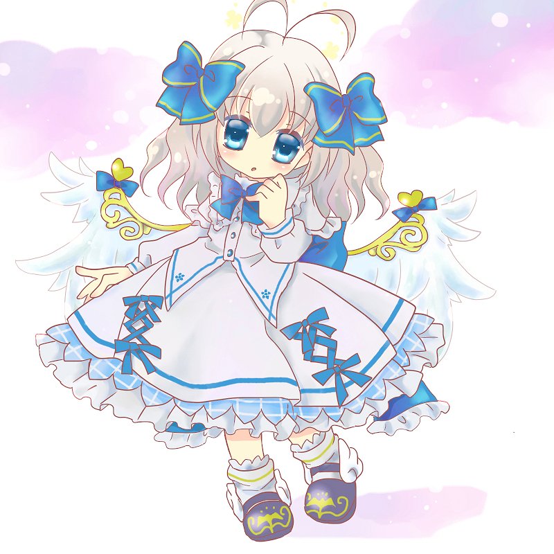 1girl, angel_day, angel_feather_alma, antenna_hair, black_boots, blue_eyes, boots, capelet
