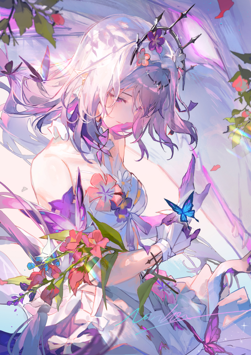 1girl, absurdres, artist_name, bare_shoulders, bug, butterfly, castorice_(honkai:_star_rail), chinese_commentary, commentary_request, commission, dress, flower, from_side, gloves, hair_flower, hair_ornament, highres, honkai:_star_rail, honkai_(series), insect, looking_down, nonhaaa, parted_lips, pointy_ears, purple_gloves, signature, solo