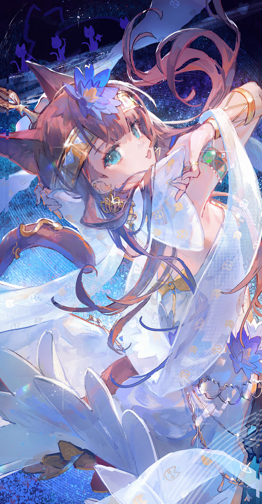 1girl, animal_ears, arknights, blue_eyes, blue_flower, brown_hair, cat_ears, cat_girl