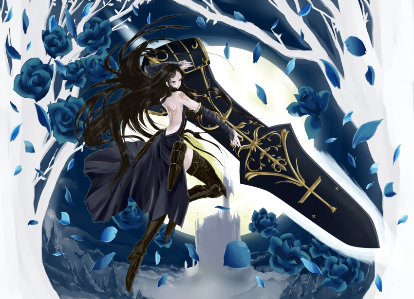 1girl, armor, back, backless_outfit, bare_back, bare_shoulders, black_hair, blue_eyes, blue_flower, blue_rose, boots, bridal_gauntlets, castlevania:_order_of_ecclesia, castlevania_(series), detached_sleeves, dress, female_focus, flower, huge_weapon, konami, long_hair, rose, ruri_(rukiafile), shanoa_(castlevania), side_slit, solo, sword, tattoo, thigh_boots, thighhighs, weapon
