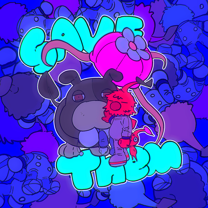 1boy, 6+others, animal, backpack, bag, large_nose, black_eyes, blue_background, brown_eyes, castaway_(pikmin), clenched_hand, closed_eyes, colored_skin, cross_scar, dog, english_text, faceless, floppy_ears, full_body, gloves, highres, leaf, leafling, male_focus, moss_(pikmin), multiple_others, nintendo, onion_(pikmin), outline, oversized_animal, petting, pikmin_(creature), pikmin_(series), pikmin_4, pointy_nose, red_bag, red_fur, red_gloves, red_leafling, red_pikmin, red_skin, scar, scar_on_face, spacesuit, tongue, white_outline, yu_pikmin