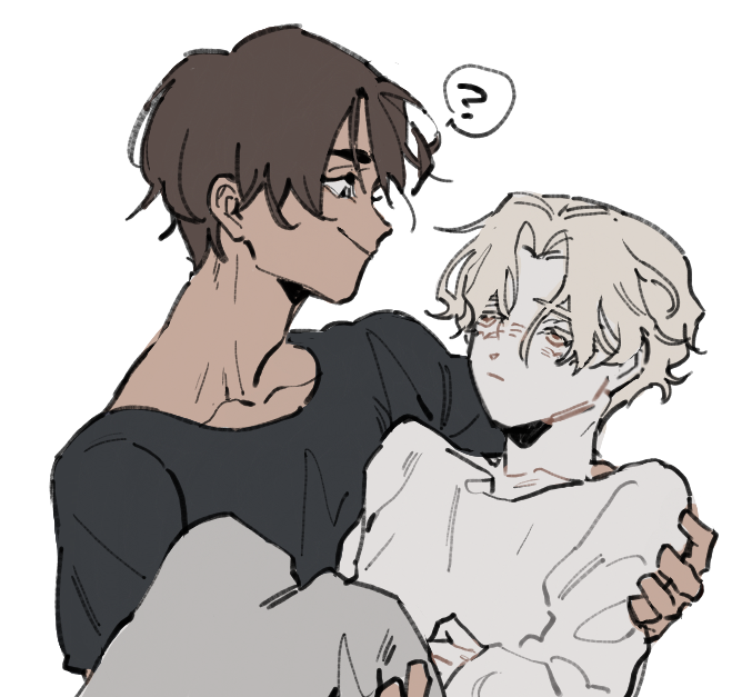 2boys, ?, alien_stage, blonde_hair, brown_hair, carrying, closed_mouth, colored_eyelashes