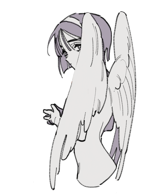 1girl, alien_stage, angel_wings, black_hair, cropped_torso, dress, gloves, hairband