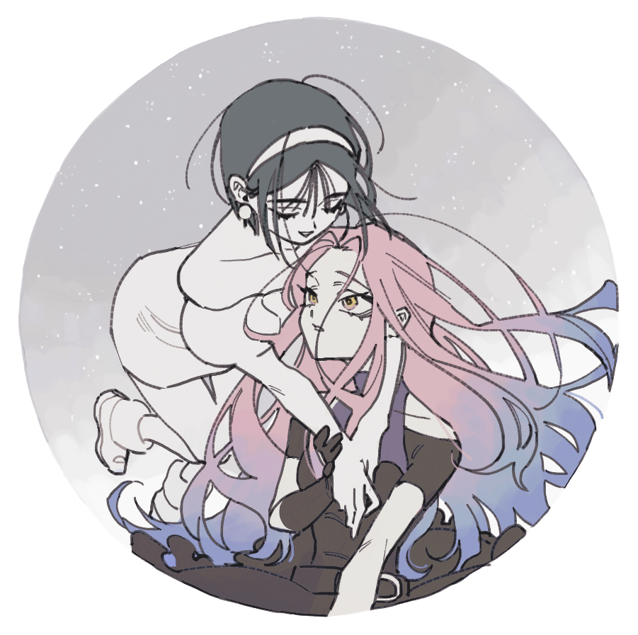 alien_stage, arms_around_neck, black_dress, black_gloves, black_hair, blue_hair, dress, earrings