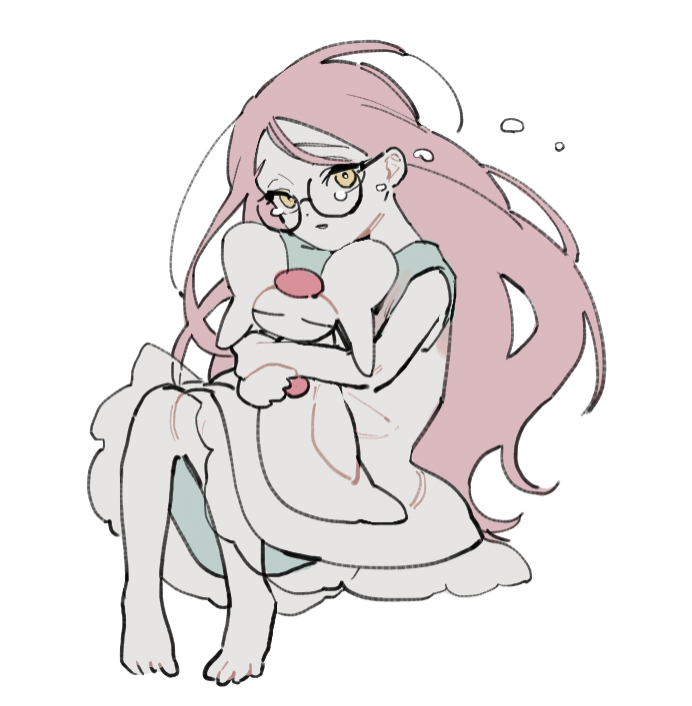 1girl, alien_stage, bare_shoulders, character_doll, doll, dress, glasses, holding