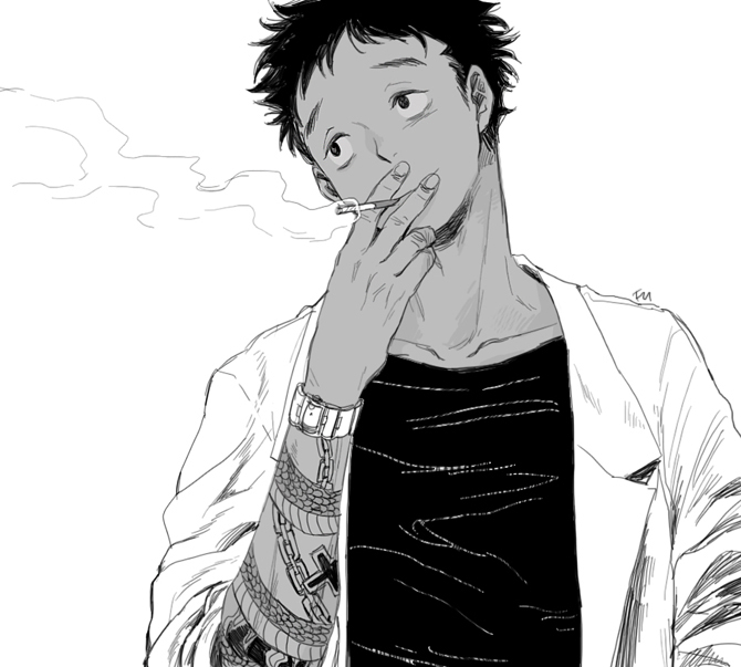 1boy, bad_id, bad_pixiv_id, black_hair, chain, cigarette, cross, dark-skinned_male