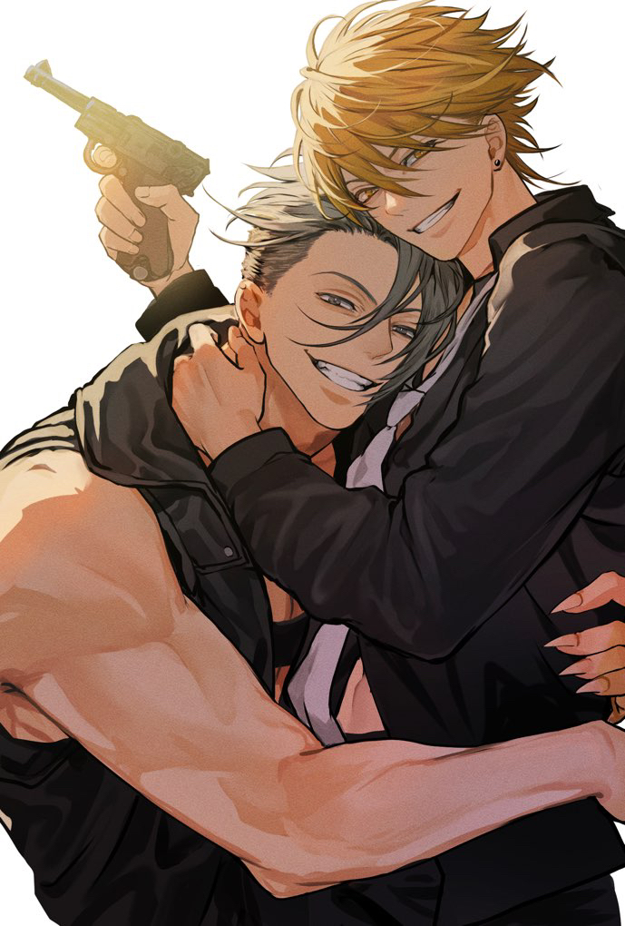 2boys, arm_around_another's_waist, arm_around_shoulder, bakshi_christensen, bare_arms, bare_shoulders, black_jacket, black_pants