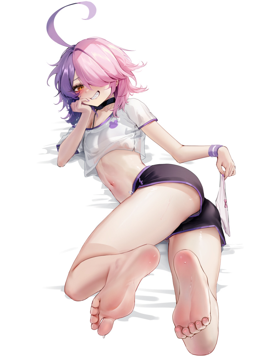 1girl, absurdres, ahoge, ass, black_bra, black_choker, black_shorts, blush