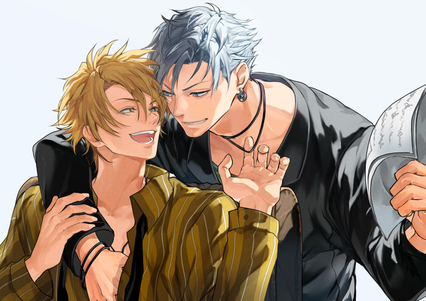 2boys, :d, arm_around_shoulder, black_jacket, black_necktie, black_shirt, blonde_hair, blue_eyes
