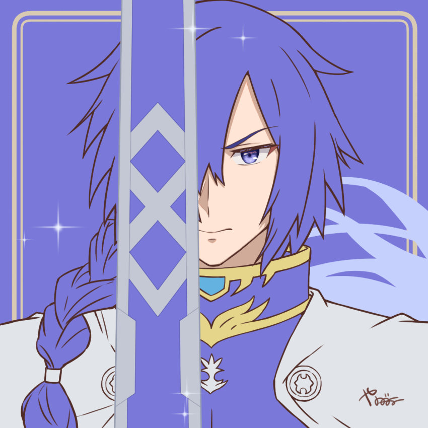 1boy, armor, blue_armor, blue_background, braid, cape, hair_over_one_eye, holding