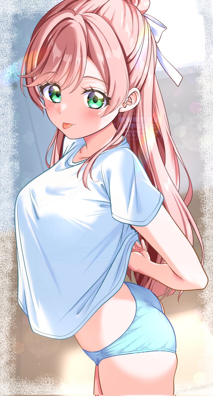 1girl, blue_panties, bow, breasts, brown_hair, cowboy_shot, green_eyes, hair_bow