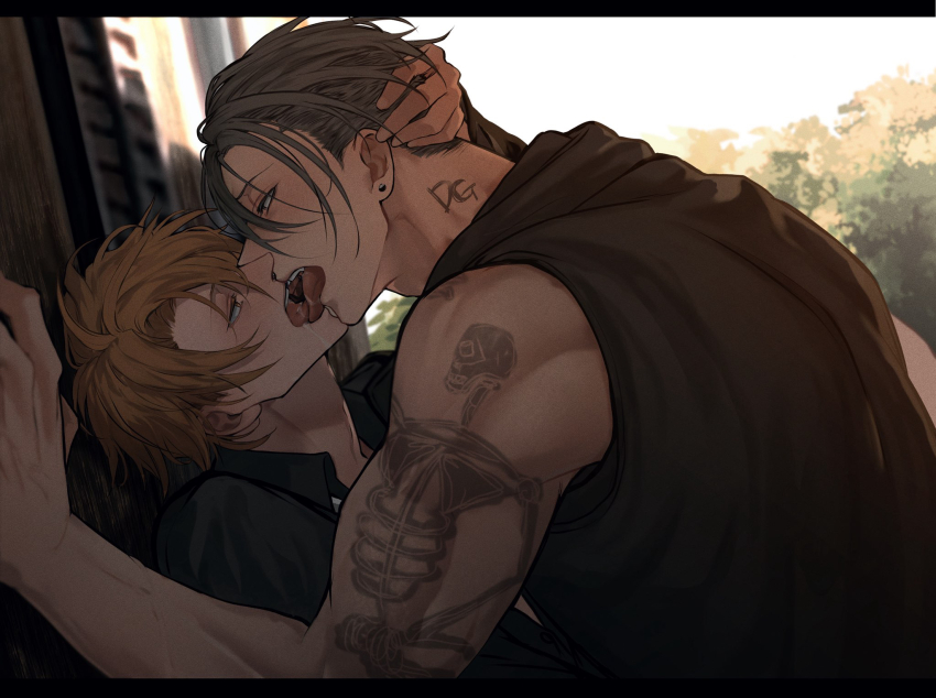 2boys, against_wall, arm_tattoo, bakshi_christensen, bare_arms, bare_shoulders, black_hair, black_jacket