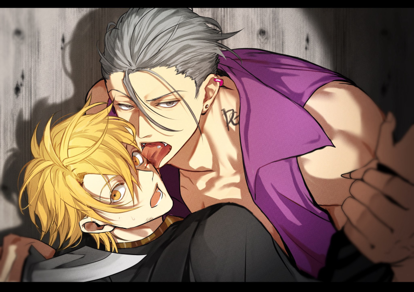 2boys, bakshi_christensen, bare_shoulders, black_jacket, blonde_hair, blood, blood_on_face, collarbone