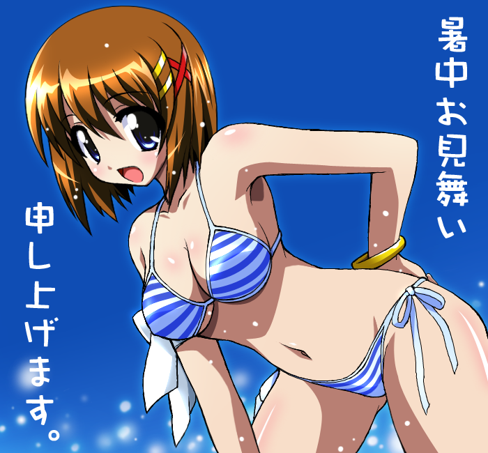 00s, 1girl, bikini, blue_eyes, brown_hair, chirorian, female_focus, hair_ornament
