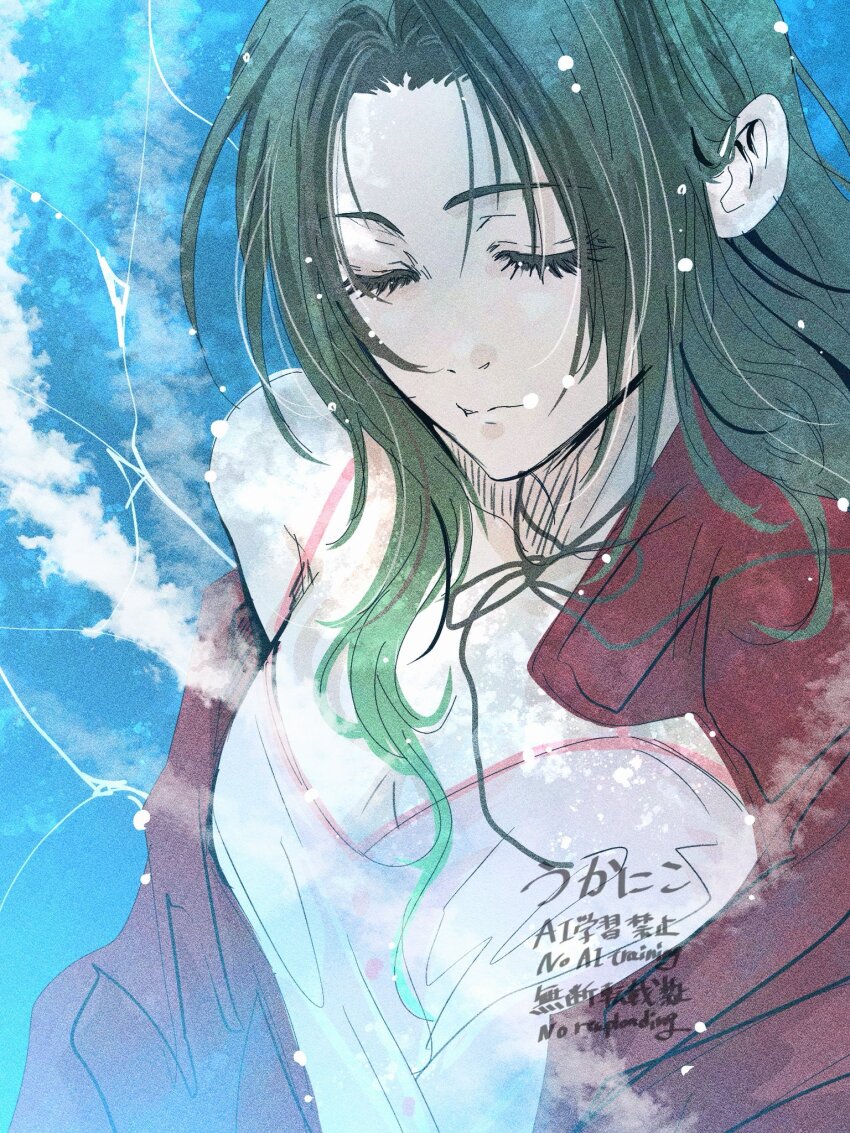 1girl, aerith_gainsborough, artist_name, brown_hair, choker, closed_eyes, closed_mouth, dress