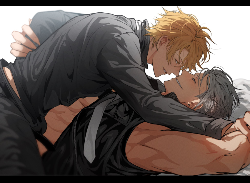 2boys, abs, ahoge, armpits, bakshi_christensen, belt, black_belt, black_jacket