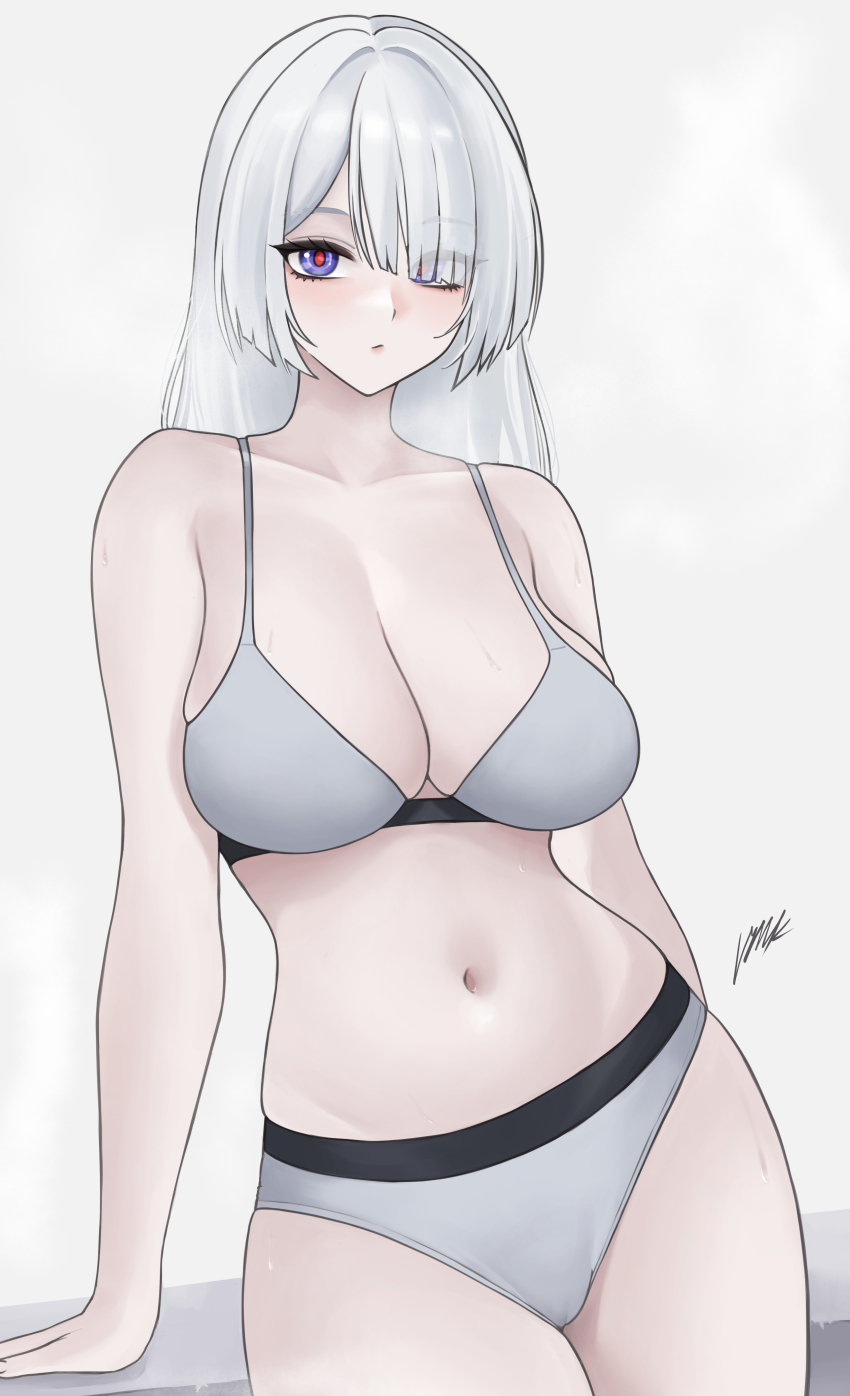 1girl, absurdres, ak-15_(girls'_frontline), blunt_bangs, bra, breasts, cleavage, commentary