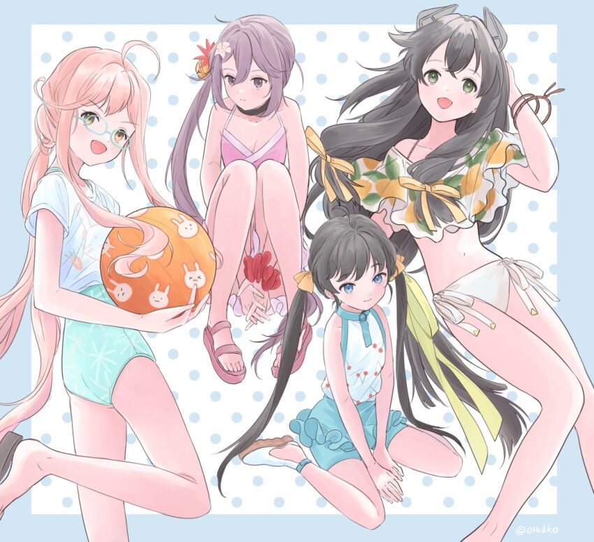 4girls, ahoge, akebono_(kancolle), akebono_kai_ni_(kancolle), akebono_kai_ni_(swimsuit)_(kancolle), aqua-framed_eyewear, aqua_one-piece_swimsuit, bell, bikini, black_hair, blue_eyes, casual_one-piece_swimsuit, dress_swimsuit, food_print, fruit_print, hair_bell, hair_ornament, i-47_(kancolle), i-47_(swimsuit)_(kancolle), kaiboukan_no._22_(kancolle), kaiboukan_no._22_(swimsuit)_(kancolle), kantai_collection, kokko_(014kko), lemon_print, long_hair, low_twintails, makigumo_(kancolle), makigumo_(swimsuit)_(kancolle), mismatched_bikini, multicolored_swimsuit, multiple_girls, off-shoulder_bikini, off_shoulder, official_alternate_costume, one-piece_swimsuit, pink_bikini, pink_hair, polka_dot, polka_dot_background, purple_eyes, purple_hair, red_scrunchie, sandals, scrunchie, shirt, side-tie_bikini_bottom, side_ponytail, sitting, swimsuit, swimsuit_under_clothes, tied_shirt, twintails, wariza, white_shirt