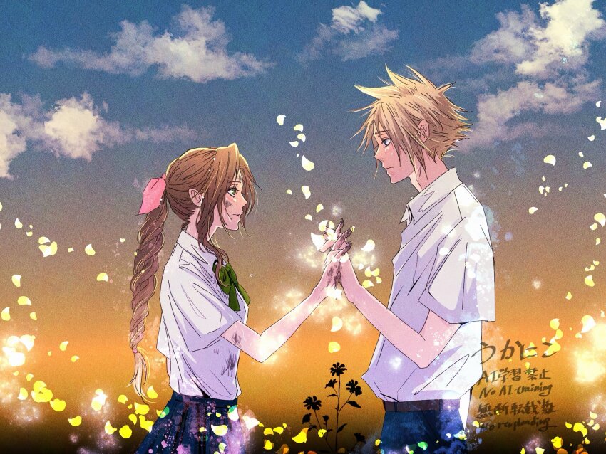 1boy, 1girl, aerith_gainsborough, alternate_costume, artist_name, blonde_hair, blue_pants, blue_skirt, braid, braided_ponytail, breasts, brown_hair, cloud_strife, collared_shirt, dirty, dirty_clothes, falling_petals, final_fantasy, final_fantasy_vii, hair_ribbon, highres, holding_hands, interlocked_fingers, long_hair, looking_at_another, medium_breasts, pants, parted_bangs, petals, pink_ribbon, ribbon, shirt, short_hair, short_sleeves, sidelocks, single_braid, skirt, spiked_hair, sunlight, ukanicoponpon, upper_body, white_shirt, yellow_petals
