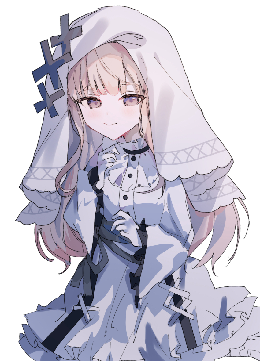 blonde_hair, cross, dress, frilled_dress, frills, gloves, harumaking, highres