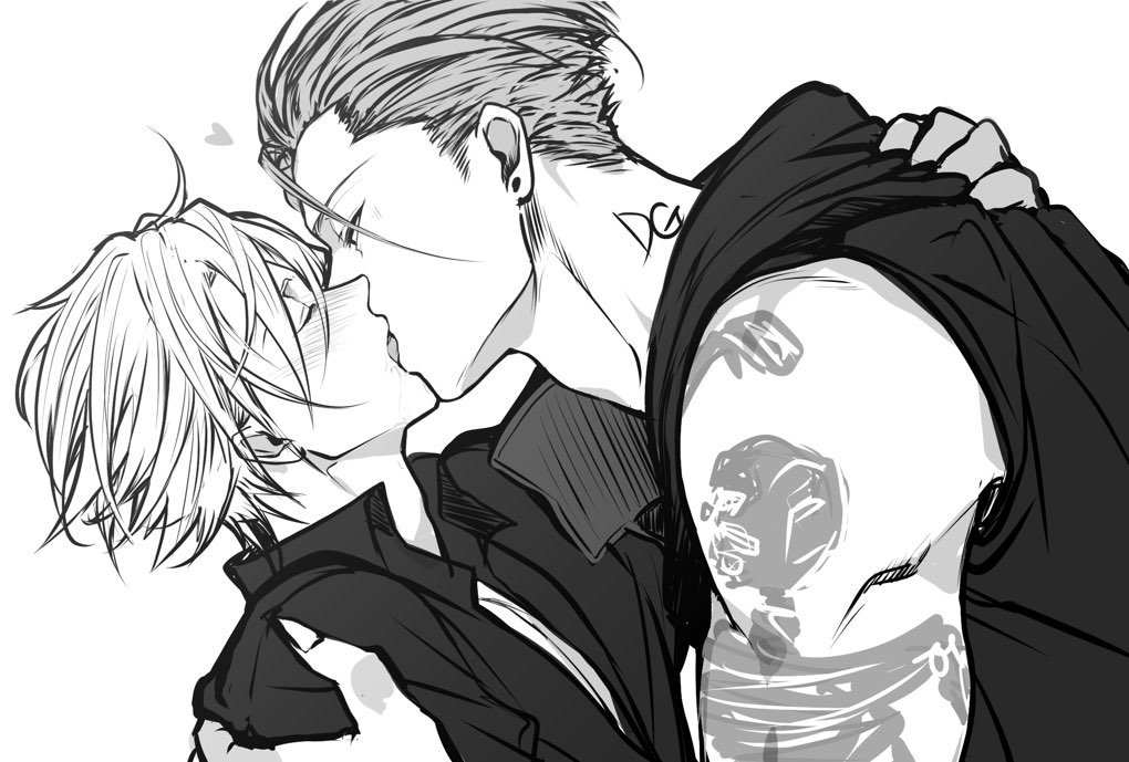 2boys, ahoge, arm_tattoo, bakshi_christensen, bare_shoulders, blush, closed_eyes, clothes_grab