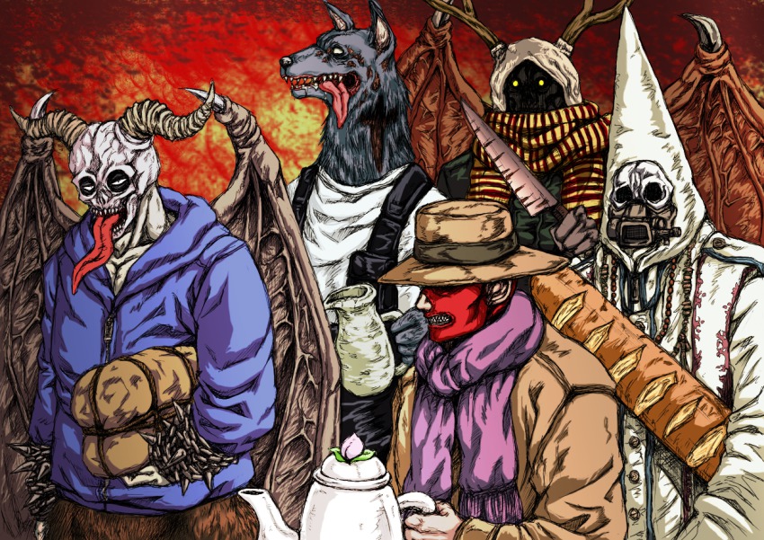 antlers, bad_id, bad_pixiv_id, bat_wings, bread, chain, chidaruma, demon