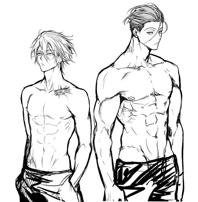 2boys, abs, ahoge, bakshi_christensen, closed_mouth, collarbone, cowboy_shot, giancarlo_bourbon_del_monte