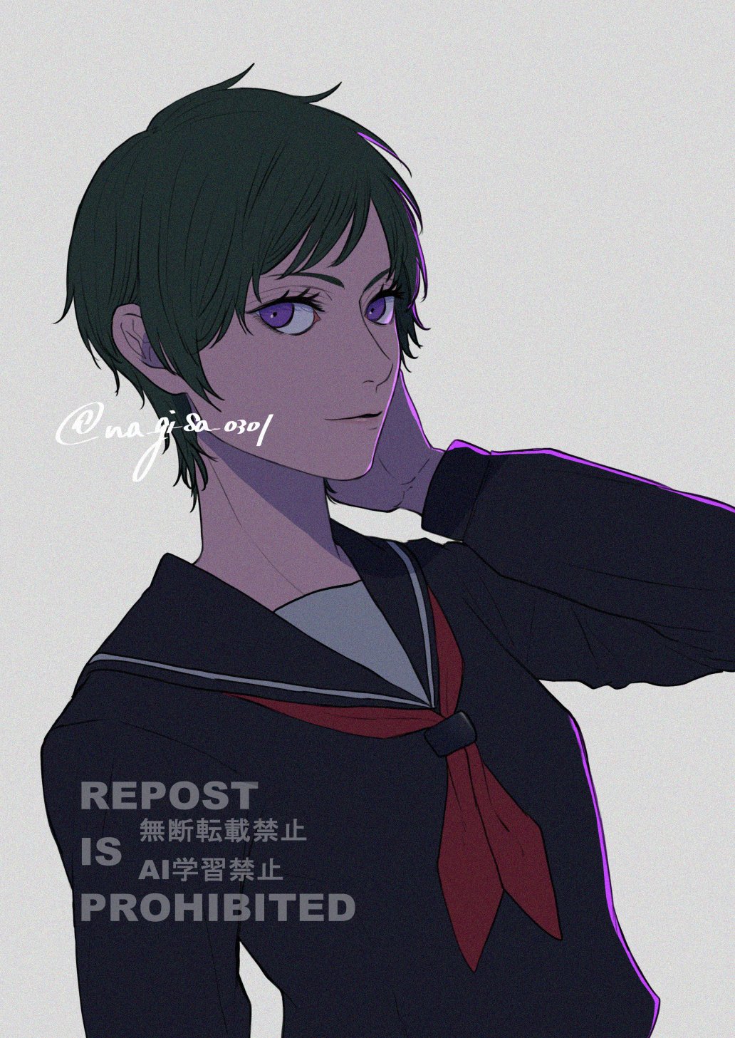 1girl, black_serafuku, black_shirt, d.gray-man, green_hair, grey_background, hand_in_own_hair, highres, lenalee_lee, light_smile, lipgloss, looking_at_viewer, na_gi_sa_0301, neckerchief, pixie_cut, purple_eyes, red_neckerchief, school_uniform, serafuku, shirt, short_hair, sidelocks, signature, simple_background, solo, twitter_username