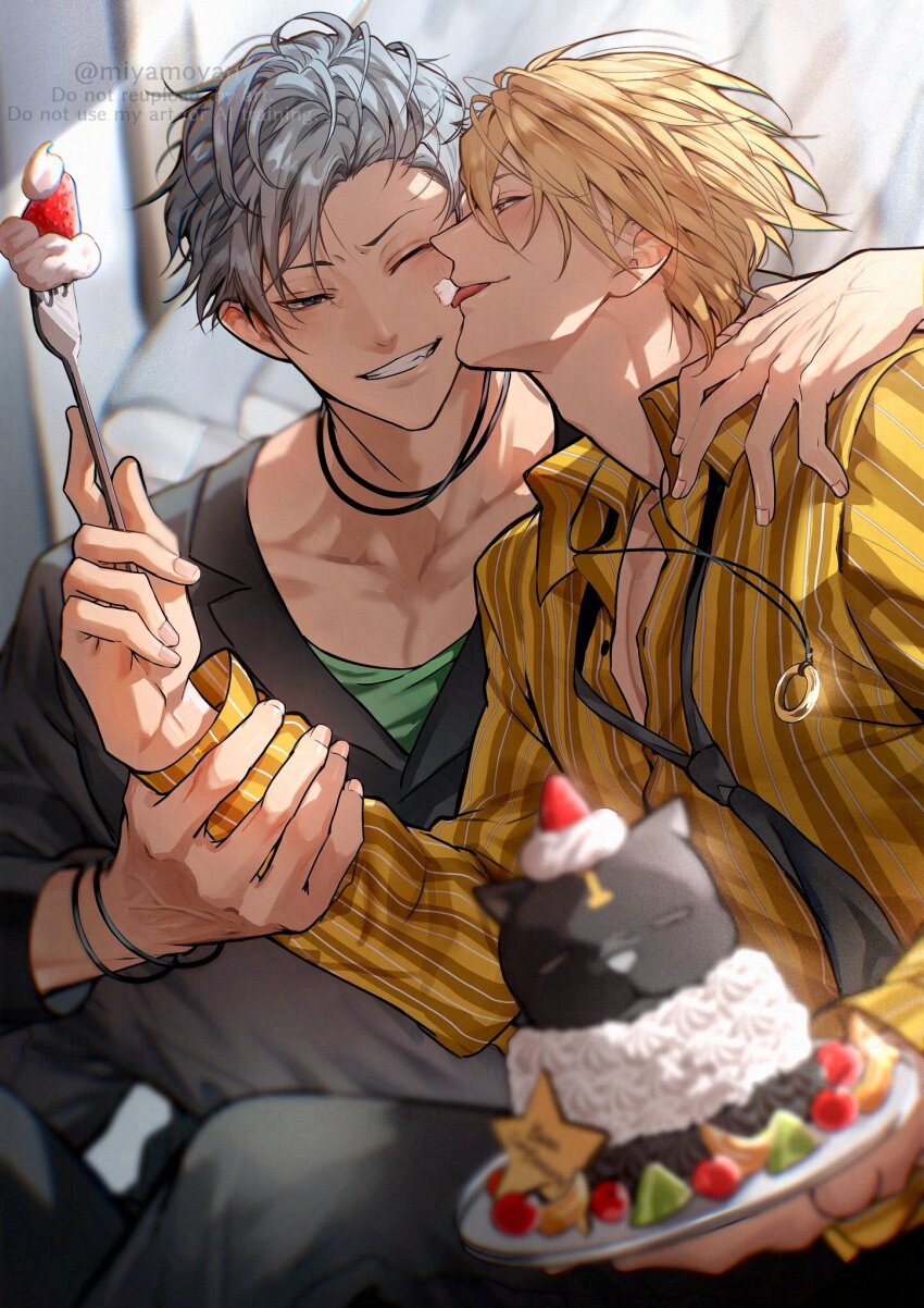 2boys, arm_around_shoulder, black_jacket, black_necktie, black_pants, black_shirt, blonde_hair, blue_eyes